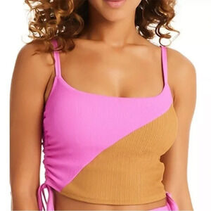 SANCTUARY Balancing Act Shirred-Side Cropped Tankini‎ Top Pink Brown size L NWT